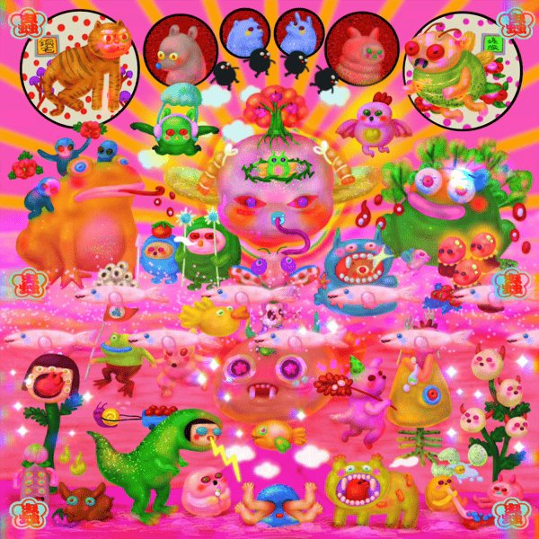 The image features a vibrant, colorful cartoon-like scene with various characters and objects, including a dinosaur, flowers, and other animals. The main focus of the image is a pink background that includes a large head surrounded by smaller heads, giving the impression of a giant brain or skull. The post also mentions "Happy Tezostuesday" as part of its caption, which could be interpreted as an attempt to create a sense of connection with the viewer and possibly celebrate the occasion. 

The image is filled with various characters such as a dinosaur, flowers, and other animals, each contributing to the overall lively atmosphere. The post also includes a reference to "Happy Tezostuesday" which could be interpreted as an attempt to create a sense of connection or celebration with the viewer.