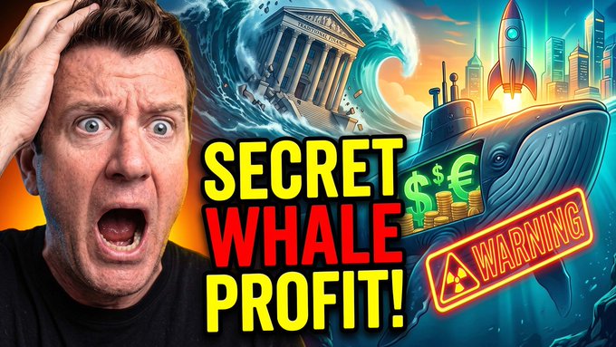 A YouTube-style thumbnail showing a shocked man with the text 'SECRET WHALE PROFIT!' alongside imagery of a whale carrying money, a stock market crash, and a radiation warning.