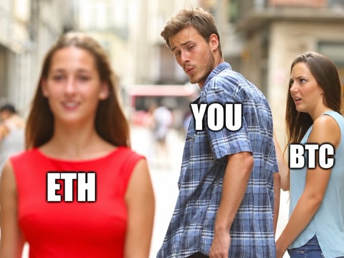 The 'Distracted Boyfriend' meme features a man looking at a woman in red labeled 'ETH' while his girlfriend labeled 'BTC' looks on disapprovingly, with the man labeled 'YOU'.