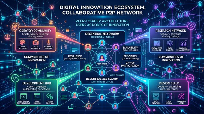 The image shows a detailed diagram or infographic illustrating the concept of a Digital Innovation ecosystem. The main focus of this infographic is on the idea that innovation becomes more meaningful when people actively contribute to it, as exemplified by the BitTorrent platform. A network of nodes and connections are depicted within the diagram, showcasing how individuals collaborate and exchange ideas in this innovative space.