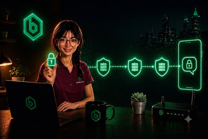 A promotional image featuring a smiling woman with glasses at a laptop, surrounded by glowing green BitgetCoin security icons (shields, locks), with a city skyline at night in the background.