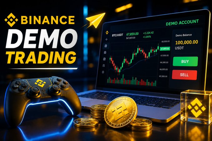 A promotional image for Binance demo trading featuring a laptop displaying a BTC/USDT chart with 67,859.00 price, a demo balance of 100,000.00 USDT, and gold Binance coins alongside a game controller.