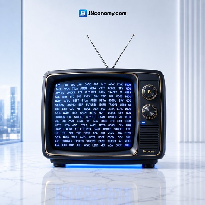 Vintage TV displaying crypto and stock tickers (BTC, ETH, SOL, XRP, DOGE, ADA, SUI, AVAX, LINK, BICO, MSFT, NVDA, TSLA, AMZN, META, GOOGL, SPY, QQQ) with Biconomy.com branding.
