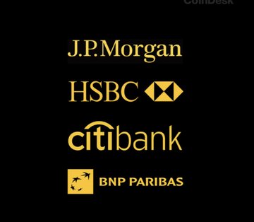 The image features a black background with four logos of different banks displayed against it. The logos include J.P. Morgan, HSBC, Citibank, and BNP Paribas. These logos are arranged in a square format on the image, showcasing their respective bank names and logos side by side for easy comparison.