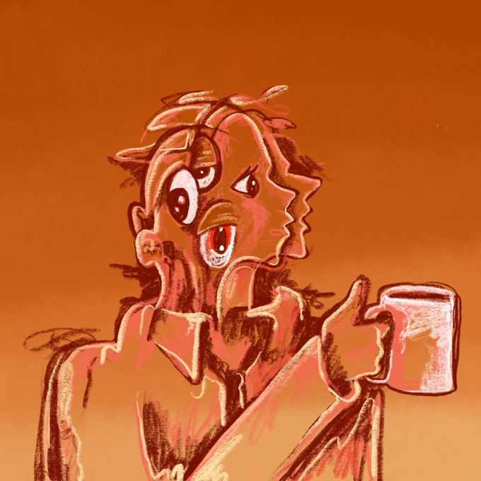 A stylized digital sketch in orange and brown tones depicting a distorted character with multiple eyes holding a coffee mug.