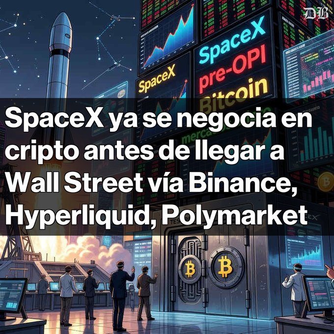 The image features a cartoon depiction of people walking around inside an office or building, with several individuals visible in the foreground who appear to be discussing cryptocurrency regulations. The scene seems to take place near Wall Street during the late 1800s era when Bitcoin was first introduced as a digital currency. A prominent text in the image reads: "SpaceX ya se negocia en cripto antes de su OPI en Nasdaq Cinco plataformas cripto ofrecen apuestas sobre su valoración, desempeño y futuros tokens accionares". The text provides an explanation and context for the visual content.
