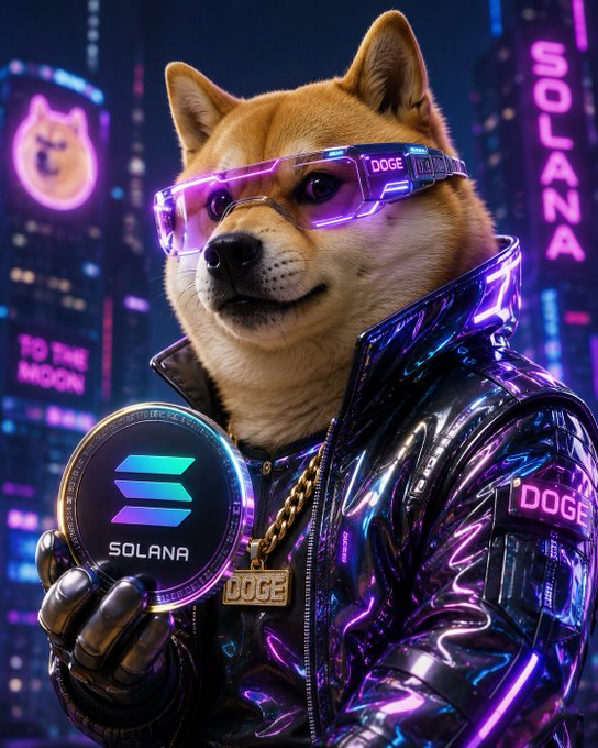 A cyberpunk-style digital artwork of a Shiba Inu dog wearing neon purple sunglasses labeled 'DOGE' and a futuristic jacket, holding a glowing Solana cryptocurrency coin, with 'SOLANA' and 'TO THE MOON' visible in the background.