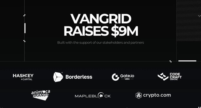 The image announces that VanGrid raised $9M with support from backers including HashKey Capital, Borderless, Gate.io Labs, CodeCraft Capital, Animoca Brands, Mapleblock, and Crypto.com, highlighting the funding milestone for the decentralized spatial data network project mentioned in the post.
