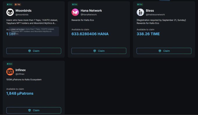 A dark-themed crypto airdrop dashboard displays claimable rewards from Moonbirds (1 SBT), Hana Network (633.6280406 HANA), Bless (338.26 TIME), and Infinex (1,848 μPatrons), each with a 'Claim' button.