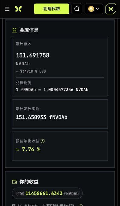 A mobile screenshot of a cryptocurrency wallet interface (in Chinese) showing a vault with cumulative deposits of 151.691758 NVDAb (~$34,918.8 USD), a 7.74% estimated annualized return, and a balance of 11,458,661.6343 fNVDAb.