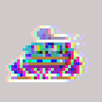 A pixelated, glitch-style illustration of what appears to be a person with a beard, rendered in distorted colorful pixels against a gray background.