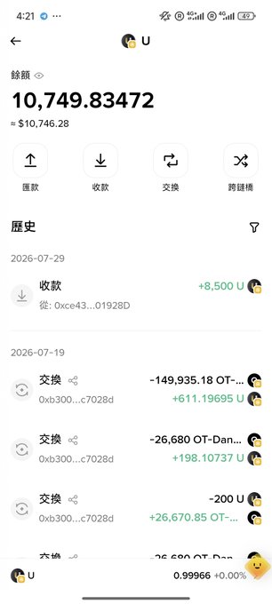 A smartphone screenshot shows a crypto wallet balance of 10,749.83472 USD (≈ $10,746.28) with a transaction history indicating an incoming payment of +8,500 U on 2026-07-29, confirming receipt of the third-phase individual bonus from @42space.