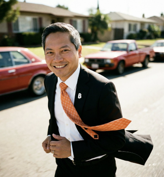 A smiling man in a dark suit and orange tie stands in a parking lot, with his tie flapping in the wind, appearing to rush forward; the post notes he is MicroStrategy CEO Phong Le, whose company may sell up to $5 billion in Bitcoin ($BTC).