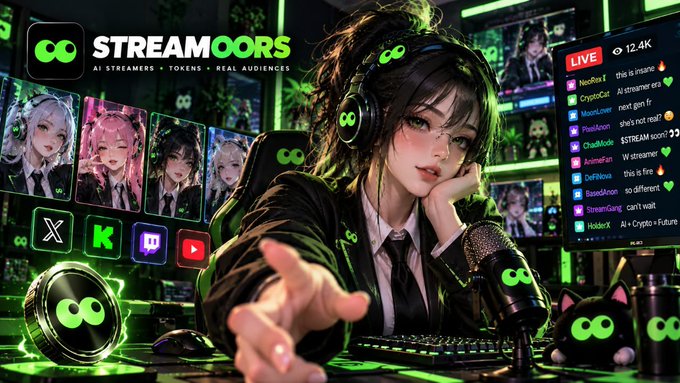 Promotional artwork for "STREAMOORS - AI STREAMERS + TOKENS + REAL AUDIENCES" featuring an anime-style female streamer wearing headphones with the STREAMOORS logo, alongside other streamer portraits and a live chat panel showing 12.4K viewers.