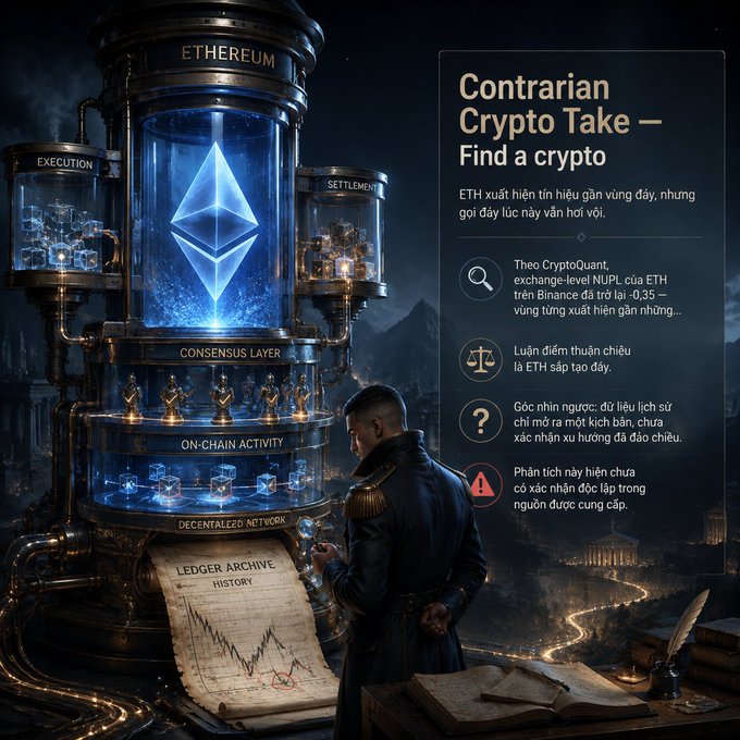 A crypto-themed infographic titled 'Contrarian Crypto Take — Find a crypto' displays the Ethereum logo within an industrial steampunk-style machine, with a uniformed figure observing a downward-trending chart; text mentions CryptoQuant, NUPL, ETH, and Binance.
