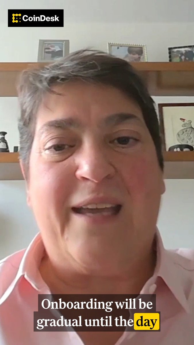 A man speaks in a video interview with a CoinDesk logo in the top-left corner, with the on-screen caption reading "Onboarding will be gradual until the day." The image appears to be a still from a CoinDesk segment about DTCC's approach to tokenization, featuring an industry expert discussing the slow, phased rollout of onboarding processes.