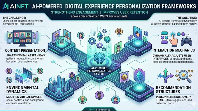 The image shows a graphic design featuring four large blue diamonds with smaller circles in shades of pink, green, purple, and orange around them. The design displays various logos such as the word "AINFT" at the top and the phrase "AI-powered digital experience personalization framework" on the bottom. These elements come together to create an aesthetically pleasing and informative piece of artwork related to AI technology, specifically in the context of NFT ecosystems and user experience customization.