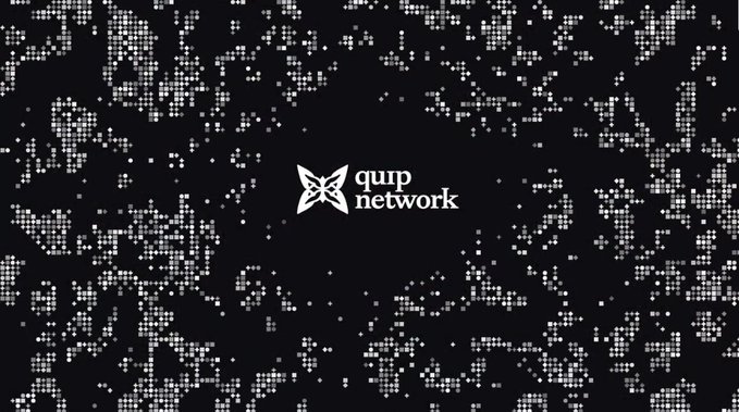 A logo screen for 'quip network' featuring a geometric butterfly-like icon centered on a dark background with a scattered pixelated pattern.