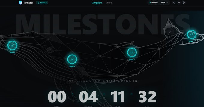A dark-themed promotional webpage for 'TermMax' displays a 'MILESTONES' campaign with a countdown timer showing 00 days, 04 hours, 11 minutes, and 32 seconds remaining.