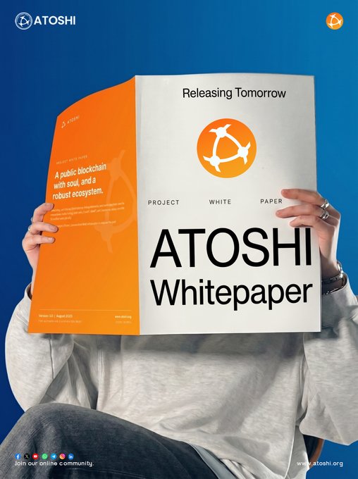 A person holding up an orange and white "ATOSHI Whitepaper" with the tagline "A public blockchain with soul, and a robust ecosystem," promoting its release alongside the text "Releasing Tomorrow" and the ATOSHI logo. The promotional post teases the whitepaper's upcoming launch, inviting the community to join their Telegram channel at t.me/atoshichannel to discover ATOSHI's vision.