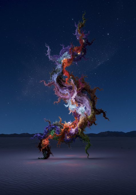 A surreal digital art piece showing a swirling, twisted sculpture of colorful, flame-like tendrils in purple, red, orange, and white standing on a desert landscape under a starry night sky.