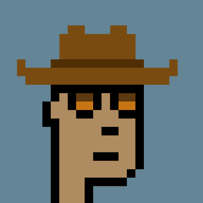 A pixel art portrait of CryptoPunk #5008 featuring a character with a tan complexion wearing a brown wide-brimmed hat, displayed against a blue background to represent the NFT that was purchased for 99.99 ETH ($157,141 USD).