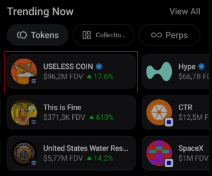 The main focus of this image appears to be a social media or cryptocurrency app, where a list of items has been posted that reads "Usless Coin", "Useless Coin", or possibly "Useless Coin" with multiple instances of each word. The user's name is also displayed in the top left corner of the post but is not clear what it represents. A comment on this post indicates that this could be a trend on a social media app, such as TikTok, where posts about useful coin are being shared and appreciated by the community.