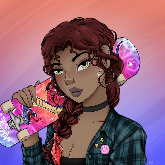 An illustrated portrait of a young woman with braided auburn hair holding a pink skateboard with snake and rose designs, wearing a plaid shirt with pins and patches.