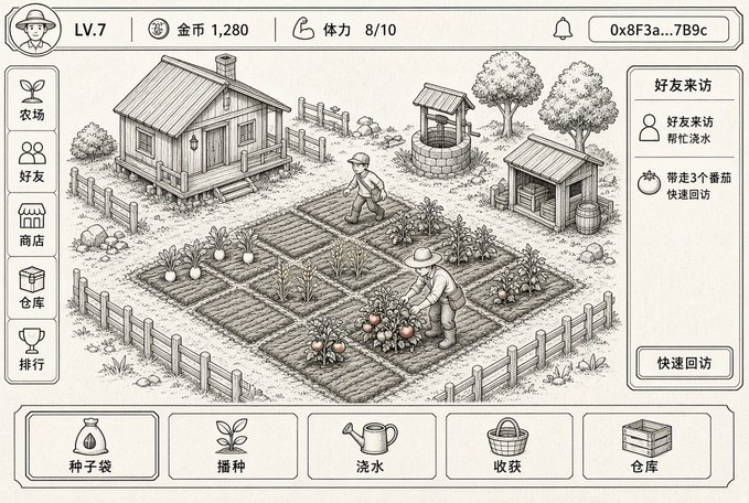 A screenshot of a Chinese farming simulation game ('LV.7', 1,280 coins, 8/10 stamina) showing two characters tending crops in a fenced garden plot, with UI buttons for farming actions like planting, watering, and harvesting.