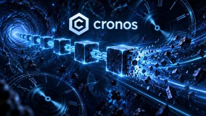 A dramatic digital illustration for "cronos" featuring the Cronos blockchain logo, glowing blue cubes connected by chains traversing a cosmic tunnel, surrounded by clock faces and scattered fragments.