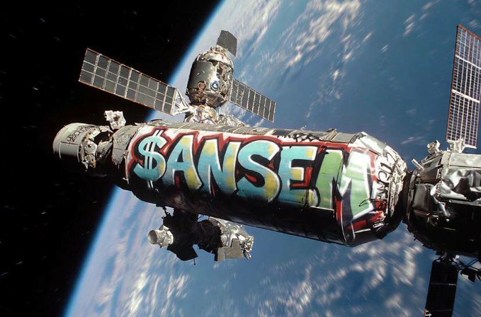 An artistic image shows a satellite or spacecraft in orbit around Earth with the word '$ANSEI' spray-painted in graffiti style across its surface.