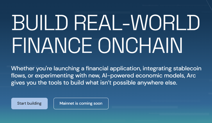 A promotional banner reading "BUILD REAL-WORLD FINANCE ONCHAIN" introduces Arc, a blockchain platform for financial applications, stablecoin integration, and AI-powered economic models, featuring "Start building" and "Mainnet is coming soon" buttons.

The image directly relates to the post by announcing Arc's upcoming mainnet launch, which the post confirms is happening tomorrow, while also previewing the ecosystem of launchpads and DEXs being built on the platform.