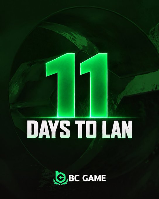 A promotional countdown graphic featuring bold neon green "11" digits above the text "DAYS TO LAN" against a dark, textured green background, with the "BC GAME" logo at the bottom—visually reinforcing the post's message of the upcoming LAN event in 11 days.