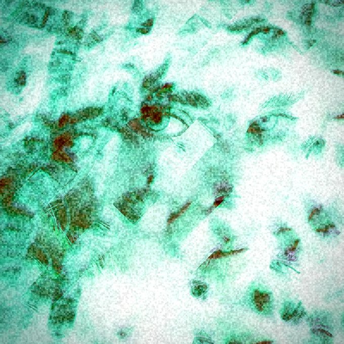An abstract artistic image with a heavily textured teal/turquoise and white background, featuring faded overlays of human faces and geometric fragmented elements creating a grunge collage effect.