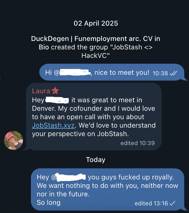 The image shows a Telegram chat screenshot dated "02 April 2025," depicting a user initially sending friendly introductions to a contact (@...) and Laura about JobStash.xyz, followed the next day by an angry, expletive-laden message severing ties and declaring no future involvement. It appears to document a hostile fallout after a meeting in Denver, aligning with the post's announcement of rejecting a settlement in favor of public disclosure.