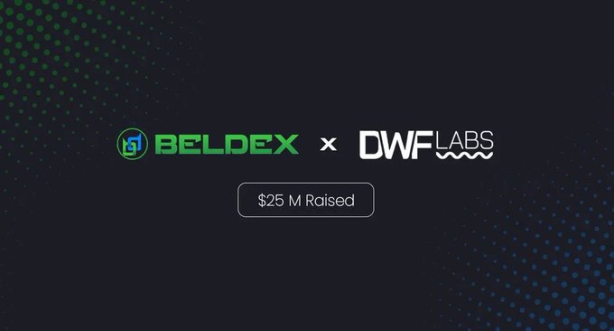 A partnership announcement graphic showing 'BELDEX × DWF LABS' with the text '$25 M Raised' on a dark blue dotted background.
