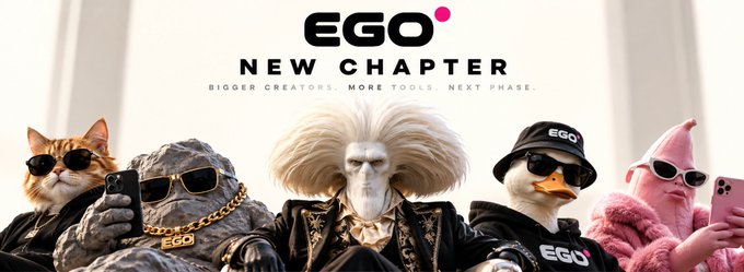 A promotional banner for 'EGO NEW CHAPTER' featuring five characters (a cat, rock figure, elder, duck in EGO gear, and pink bird) all wearing sunglasses, with tagline 'BIGGER CREATORS, MORE TOOLS, NEXT PHASE.'