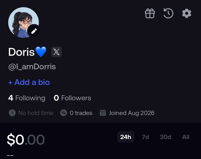 The image displays a profile page for user "Doris" (@I_amDorris) on what appears to be a trading platform, showing 4 Following, 0 Followers, 0 trades, and a $0.00 portfolio balance, with a "Joined Aug 2026" timestamp. This reflects the new user's fresh start on @fomo, prompting their question about what they need to know as a beginner with no trading history or holdings.