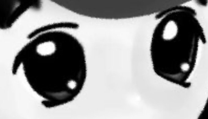 A close-up, grayscale illustration of a stylized anime character's face, focusing primarily on large, expressive eyes with prominent highlights and thick eyelashes.