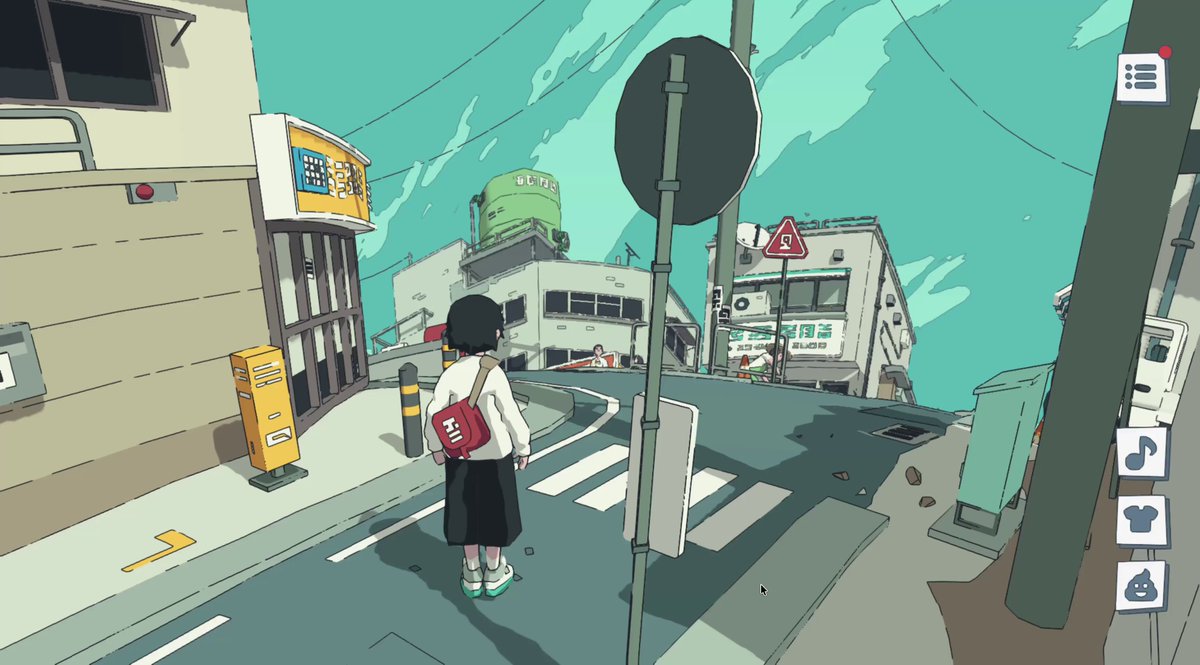 The image features a woman walking across a street while carrying a backpack. She appears to be looking at something or someone off-camera as she walks. The scene takes place in an urban setting with buildings visible in the background, suggesting that this is likely a cityscape. There are also some elements of nature present, such as trees and clouds, adding depth to the image.
