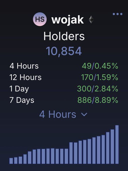 The image shows a graph with blue bars showing four different days, and numbers representing hours for a crypto market or cryptocurrency trading platform. The graph indicates that there were 125+ holders added overnight, which can be related to a cryptocurrency exchange like ETH @wojakcto. The title of the post is "Over 125 holders added overnight", and it's written above a screenshot of the graph.