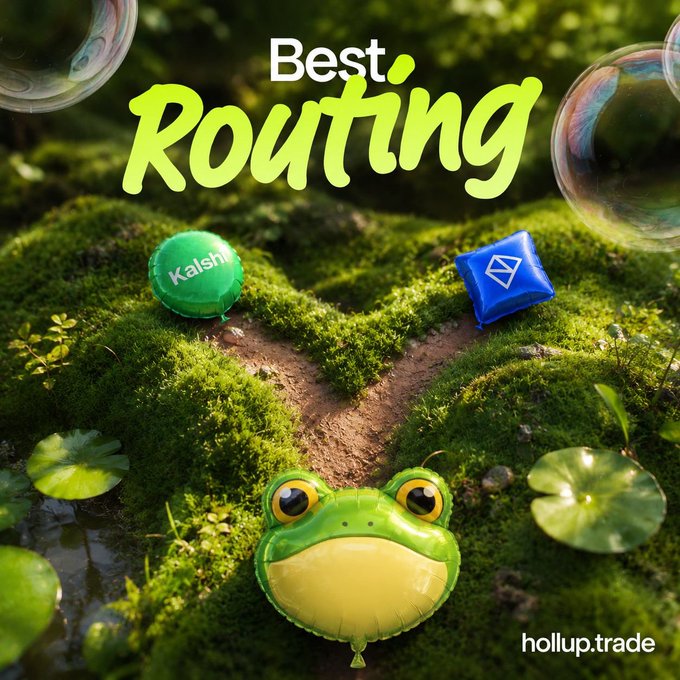 Promotional image titled 'Best Routing' showing a green frog balloon on a mossy path between two cushions labeled 'Kalshi' and a blue logo, with 'hollup.trade' in the bottom right corner.
