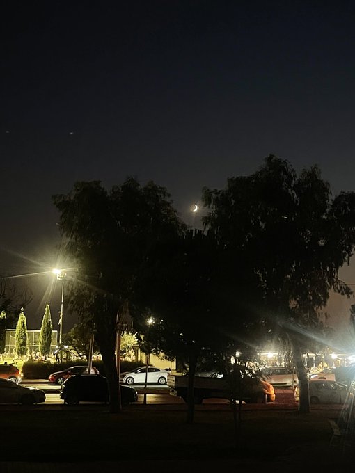 A night scene showing a parking lot with several cars parked under trees, illuminated by bright streetlights, with a crescent moon visible in the dark sky.