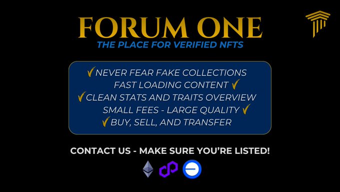 A promotional graphic for "FORUM ONE - THE PLACE FOR VERIFIED NFTs" listing features like verified collections and clean stats, with ETH, Polygon, and Solana logos.