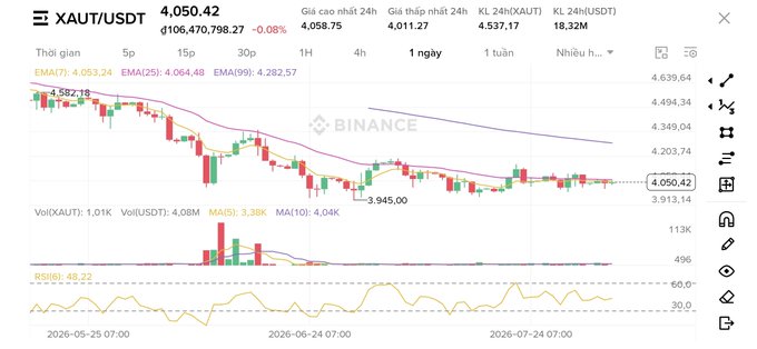 A Binance XAUT/USDT 1-day chart shows the price hovering near $4,050, well below the user's hoped $6K target, with a downtrend line capping rallies since May 2026 and weak momentum (RSI 48) suggesting sideways action—reflecting the post's complaint about gold token's stubborn decline.