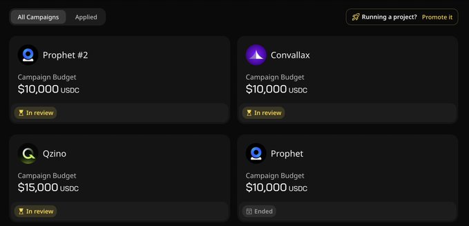 The image shows a dashboard of available InfoFi campaigns on Wallchain, including "Prophet #2" and "Convallax" (both $10,000 USDC), "Qzino" ($15,000 USDC), and "Prophet" ($10,000 USDC, ended), with statuses indicating "In review" or "Ended." This aligns with the post by illustrating the active campaigns users can apply to by specifying their requested USDC amount.