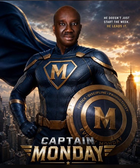 Movie poster parody titled 'CAPTAIN MONDAY' featuring a man in a superhero costume with an 'M' logo, captioned 'HE DOESN'T JUST START THE WEEK. HE LEADS IT.' and a shield reading 'JUSTICE • DISCIPLINE • PRODUCTIVITY'.