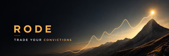 A promotional banner for RODE features the tagline "TRADE YOUR CONVICTIONS" alongside a glowing wave line ascending toward a sunlit mountain peak, symbolizing growth, foresight, and the climb toward predictive insight—directly mirroring the post's message about bringing transparent, decentralized prediction markets to Web3.