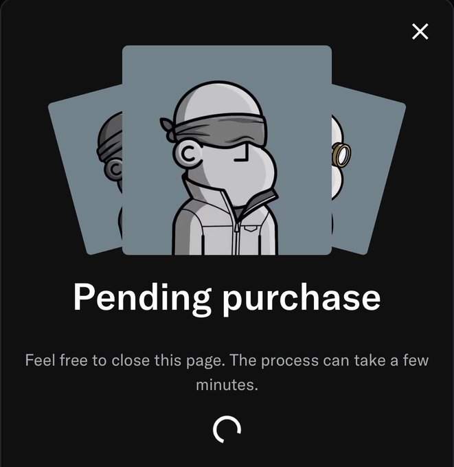 A mobile app screen displays a 'Pending purchase' notification with cartoon illustrations of a blindfolded character holding NFTs.
