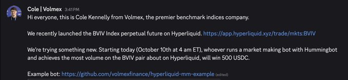 A Discord message from Cole | Volmex announcing the launch of the BVIV Index perpetual future on Hyperliquid and a market making bot competition offering 500 USDC.
